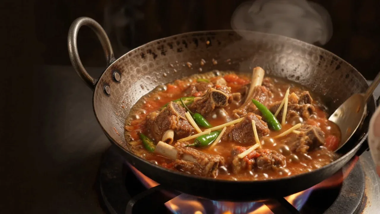 AI-generated cooking illustration of a spoon stirring karahi over a flame